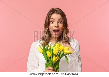 Spring, Happiness And Celebration Concept. Close-up Of Surprised And Wondered Young Blond Girl In Wh