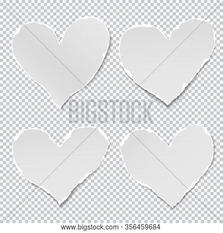 Torn Of White Paper Hearts For Note With Soft Shadownote Stuck On Squared Background. Vector Illustr