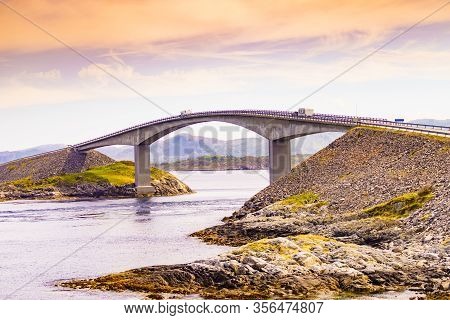 World Famous Atlantic Road Bridge Atlanterhavsvegen In Norway Europe. Norwegian National Scenic Rout