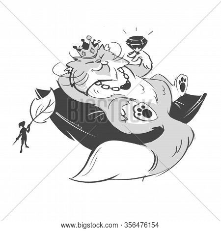 Cute Lazy Cat Lies On A Pillow. Black And White Illustration