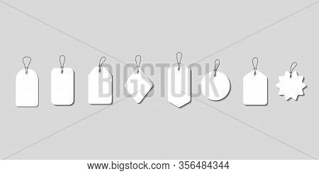 Set Blank White Paper Price Tags Or Gift Tags. Paper Labels With Cord. Set Template Shopping Labels 