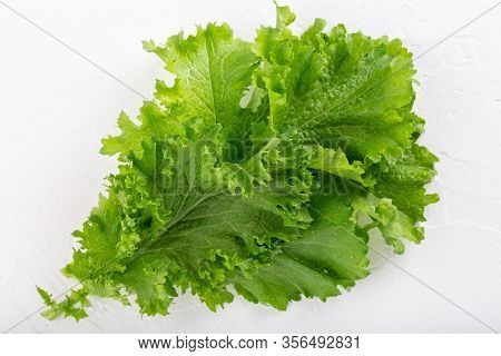 Mustard Leaves On White Background. Сurled Leaf Mustard, Brassica Juncea.  Close-up.