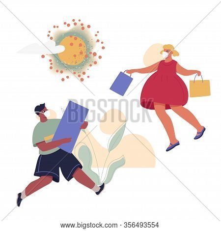 Girl And Boy In Masks With Shopping Bags And Boxes Under The Sun In The Form Of Coronavirus. Quarant