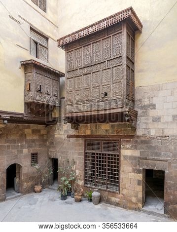 Cairo, Egypt- February 22 2020: Facade Of Ottoman Era Historic House Of El Sehemy With Wooden Oriel 