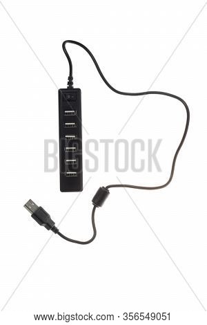 Black Usb Hub With Six Ports, Isolated On White