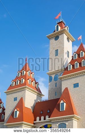 Towers Of The Decorative Castle Vertical, Exterior Of The New Amusement Park Dreamisland In Moscow. 