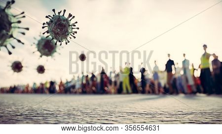 People defend from virus, coronavirus. Cells attacking people causing pandemic. 3D render