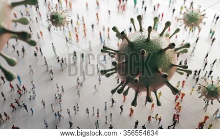 Coronavirus cells attacking people causing pandemic. Virus from Wuhan. 3D render