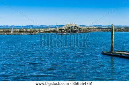 A View Of The Walking Brdige At The Westport Marina In Washington State.