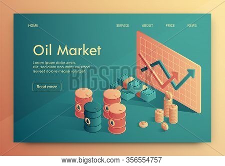 Illustration Is Written Oil Market Isometric. In Foreground Graphical Diagram Showing Growth Profits