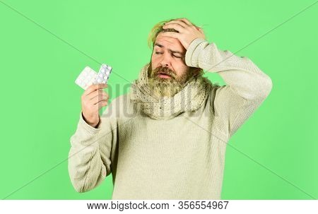 When Will It Help. Man Use Blister Of Drugs. Home Pharmacy And Treatment. Man Take Medical Prescript