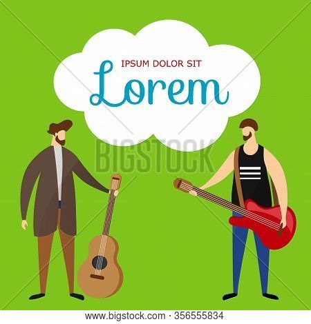 Acoustic And Electric Guitarists On Green Background. Young Men Musicians Playing Guitar, Live Music