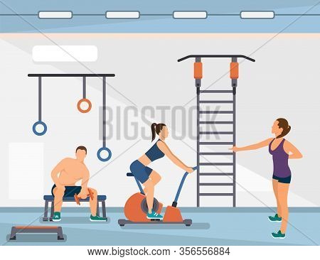 Advertising Banner, Group Sports In Spacious Gym. Girl On Right Is Stretching Before Training, Anoth