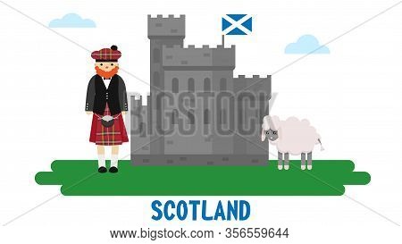 Scotsman In A Suit, An Old Castle And A Sheep