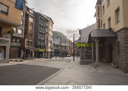 Encamp, Andorra : 2020 18 March : Cloudy Day In Encamp.  Main Street Of The City Of Encamp In Andorr
