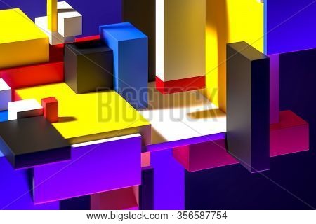 Modern Showcase On Abstract Colorful Figures. Empty Space. Copy Space. Abstract Pattern. Suprematism