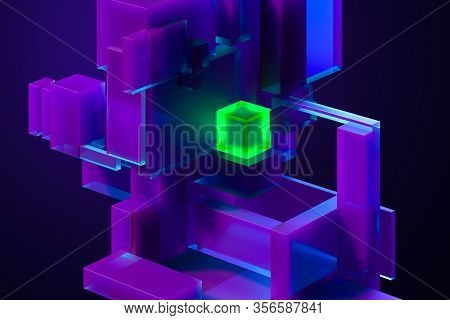 Green Illuminating Neon Bright Cube On Abstract Geometric Foursquare Figures And Violet Background. 