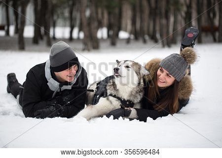 Beautiful Family, A Man And A Girl In Winter Forest With Dog. Play With The Dog Siberian Husky.