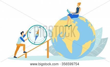 Woman Character Sitting On Globe Earth With Tablet Flat Cartoon Vector Illustration. Man Pusing Up C