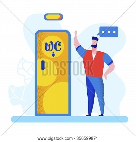 Young Man Stand At Door With Wc Sign. Character Need To Watercloset, Toilet Restroom In Public Place