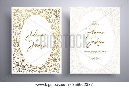 Golden Wedding Invitation With Hand Drawn Twigs, Flowers And Brahches. Botanical Cards Templates. Be