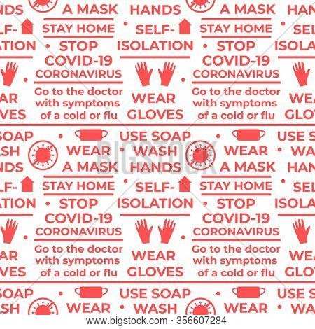Covid-19 Coronavirus Rules. Seamless Vector Pattern With Text And Symbol. Wear Gloves, Wear A Mask, 