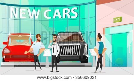 Automotive Showroom, Car Dealers And Vehicle Buyer Cartoon. Successful Male Seller Offering Expensiv