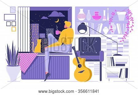 Cartoon Man Sitting On Window Sill With Cat, Looking City Night Sky, Moon Star Vector Illustration. 