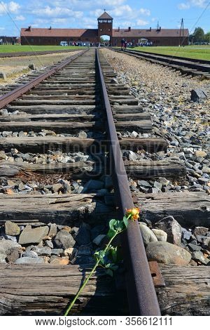 Auschwitz Birkenau Poland 09 17 17: Auschwitz Concentration Camp Entrance Was A Network Of German Na