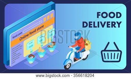 Internet Food Store Isometric Banner Template. Online Products Ordering Typography With Linear Baske