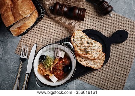 Vegetable Stew. Top View, Beautiful Table Setting, Beautiful Serving, Traditional Italian Food, Gray