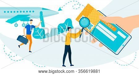 Cartoon Man With Magnifying Glass Scanning Qr Code On Boarding Pass For Flight On Huge Mobile Screen