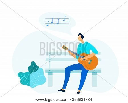 Guy Playing Acoustic Guitar Vector Illustration. Amateur Guitarist Cartoon Character. Talented Young