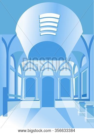 Museum Or Palace Interior, Ground Floor Entrance Indoor View, Empty Gallery With Lamps, Exhibition A