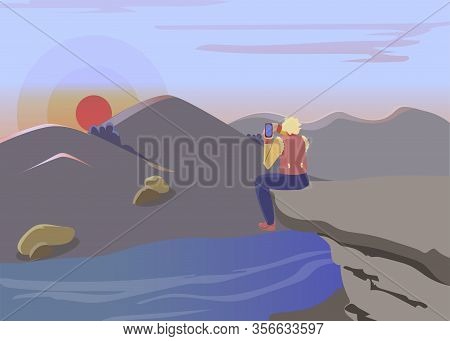 Lonely Hiker Taking Photo Flat Vector Illustration. Cartoon Traveler Sitting On Cliff Alone, Enjoyin