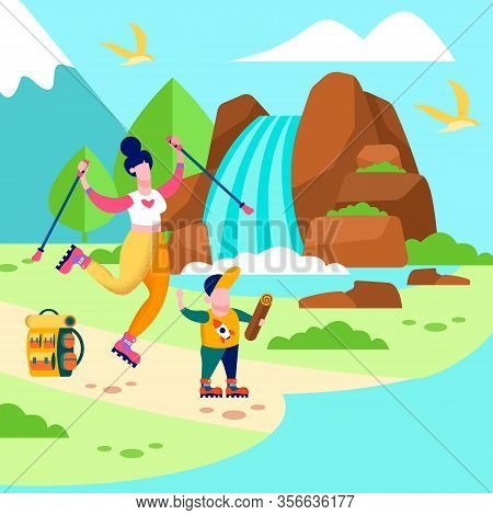 Mother And Son Motivational Trip Card Family Outdoors Promotion Flat Banner Cartoon Vector Illustrat