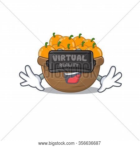 A Picture Of Orange Fruit Basket Character With Virtual Reality Headset