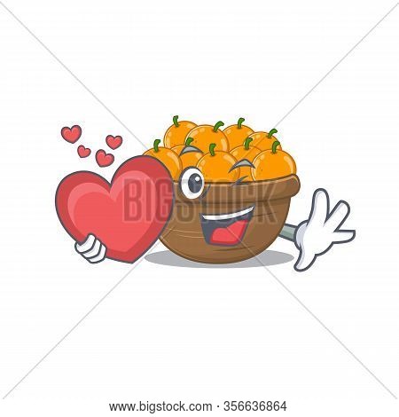 A Romantic Cartoon Design Of Orange Fruit Basket Holding Heart