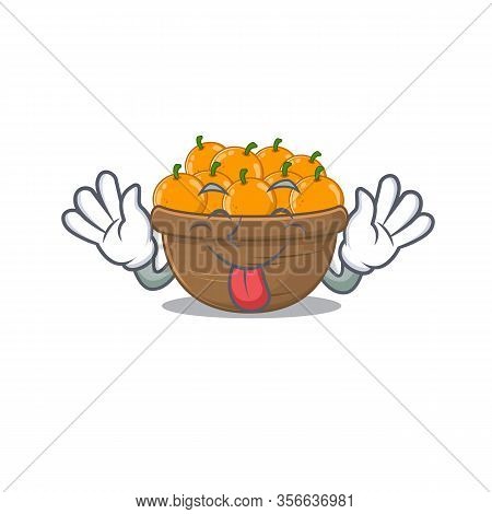 Funny Face Orange Fruit Basket Mascot Design Style With Tongue Out