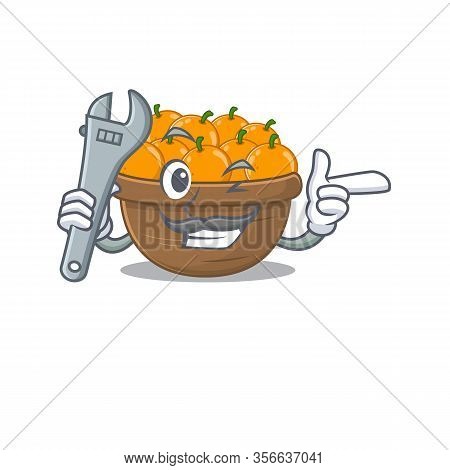 A Picture Of Cool Mechanic Orange Fruit Basket Cartoon Character Design