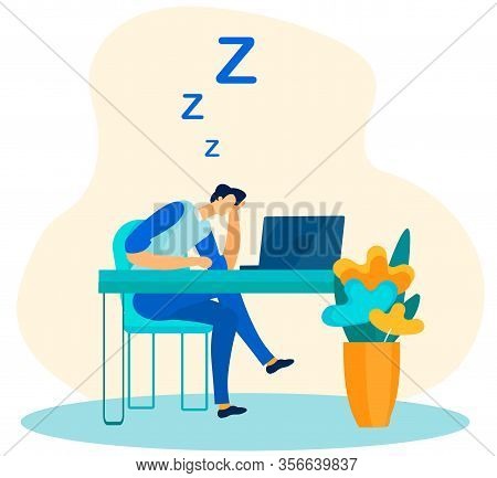 Tired And Overworked Male Worker Sleeping In Office Flat Cartoon. Exhausted Employee Falling Asleep 