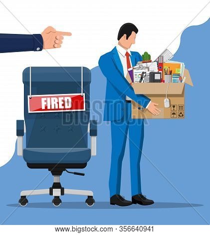 Dismiss Employee, Chair With Fired Word Plate And Cardboard Box With Office Items. Hiring And Recrui