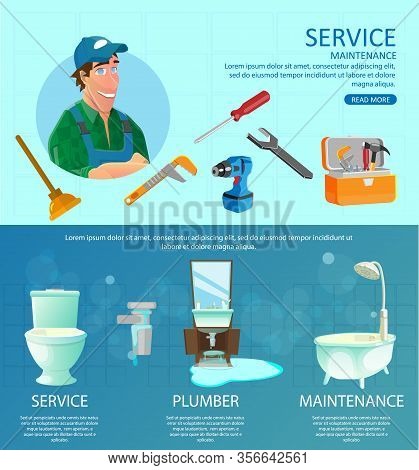Service Maintenance Flat Cartoon Banner Vector Illustration. Man In Uniform With Cap Ready To Fix Pr