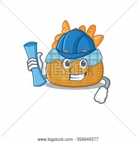 Smiling Architect Of Bread Basket Having Blue Prints And Blue Helmet