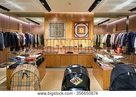 SINGAPORE - APRIL 21, 2019: interior shot of Burberry store in Singapore Changi Airport. Burberry Group PLC is a British luxury fashion house headquartered in London, England.
