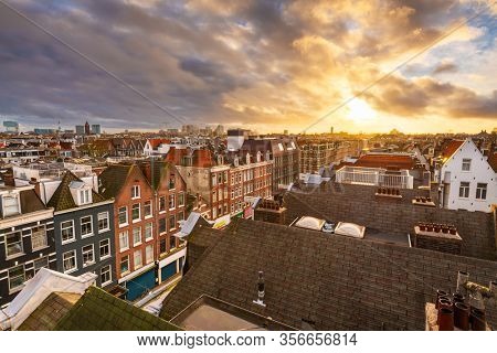 Amsterdam; Netherlands view of the cityscape from De Pijp at dusk.