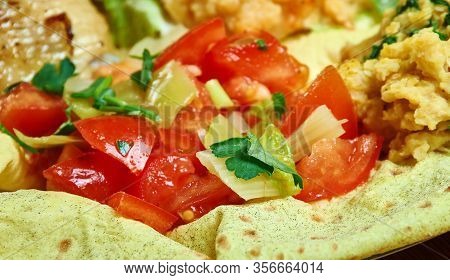 Timatim Salata, Popular In Eritrea, Ethiopian Cuisine, Traditional Assorted African Dishes, Top View