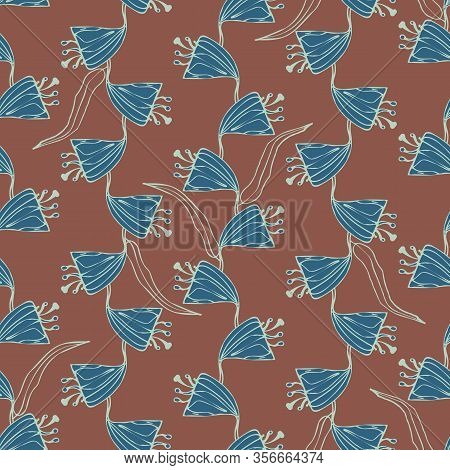 Bblue Doodle Flower Stripes On A Rust Brown Background Seamless Vector Pattern. Surface Print Design