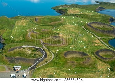 Volcanic Craters In Iceland Aerial View From Above, Myvatn Lake