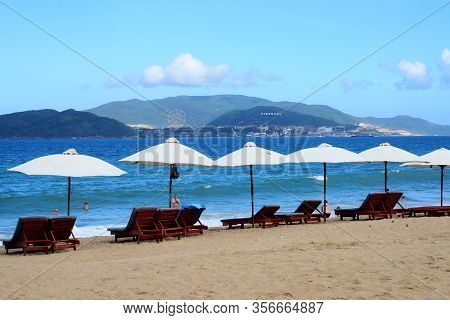Nha Trang, Vietnam - 29 February 2020 : Nha Trang Beach Behind Is An Vinpearl Land